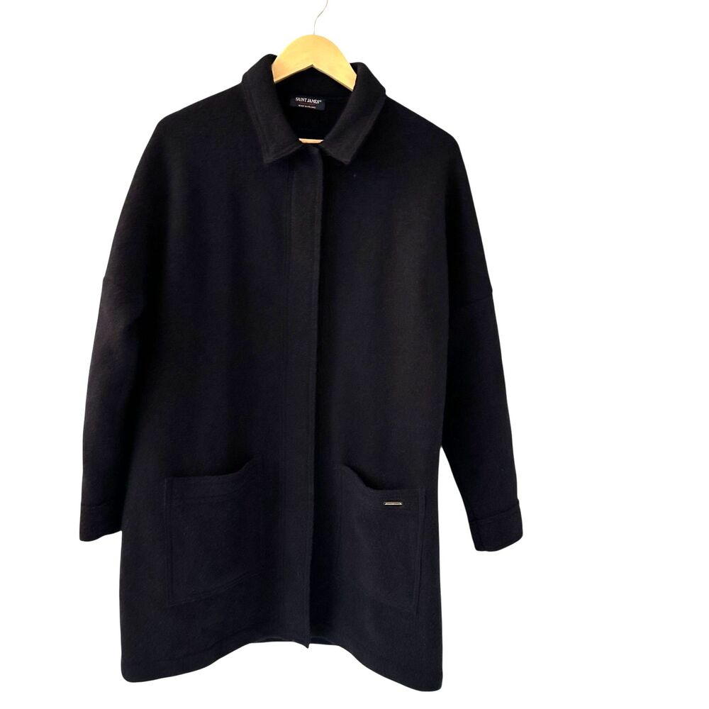 Saint James Wool Coat Womens 8 Black Excellent Made in France Virgin Woolmark